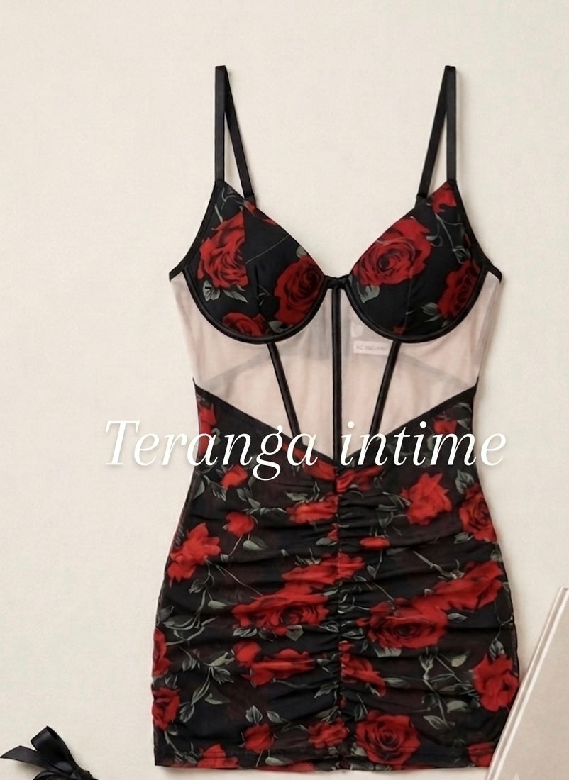 Nuisette Rouge Florets — Imprimé Roses, Bustier & Tulle