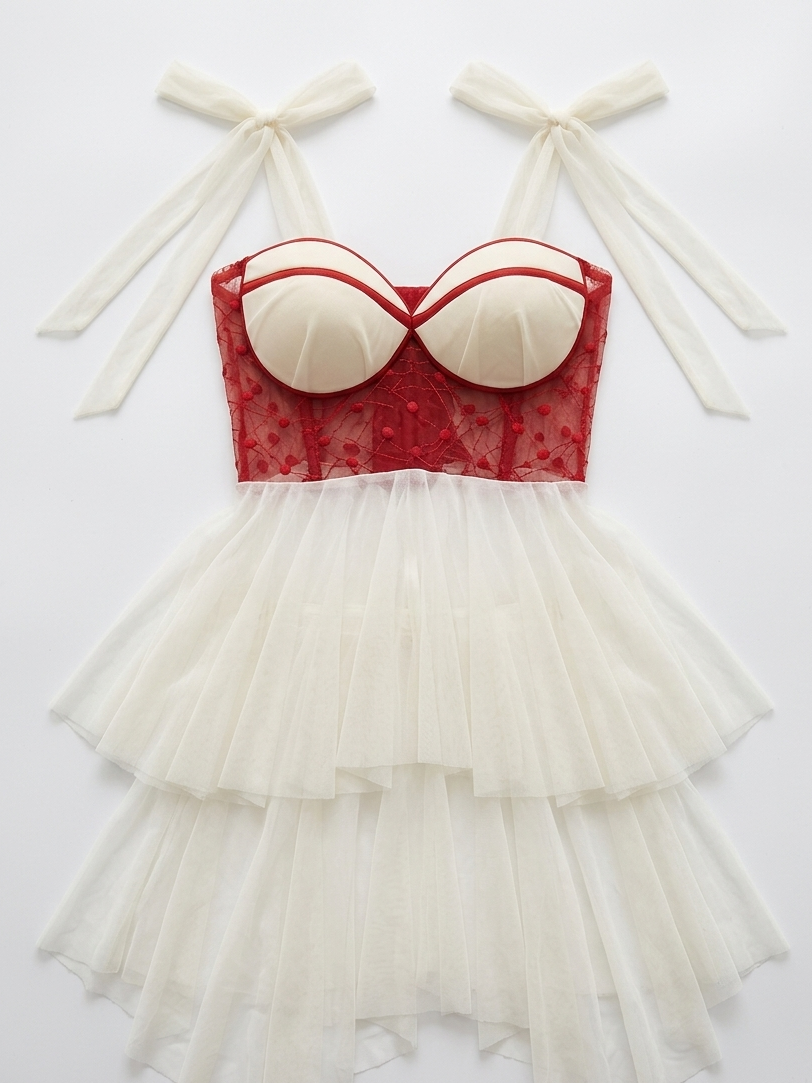 Sublime Nuisette Tulle Rouge blanc — Grande Taille, Fait Main