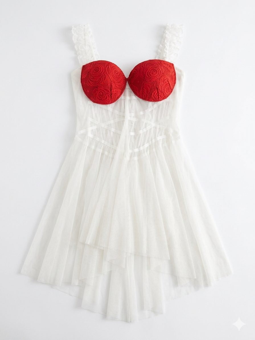 Sublime Nuisette Tulle Rouge blanc — Grande Taille, Fait Main