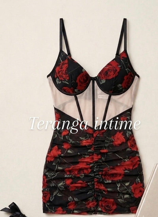 Nuisette Rouge Florets — Imprimé Roses, Bustier & Tulle