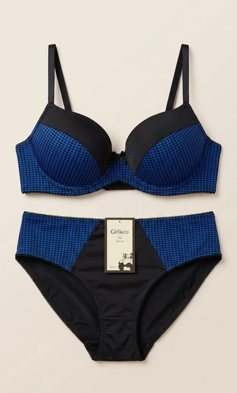 Ensemble Lingerie Bleu & Noir — Soutien-gorge & Culotte Assortis