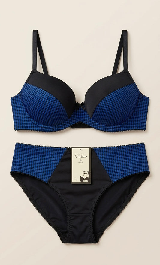 Ensemble Lingerie Bleu & Noir — Soutien-gorge & Culotte Assortis