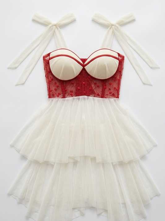 Sublime Nuisette Tulle Rouge blanc  — Grande Taille, Fait Main
